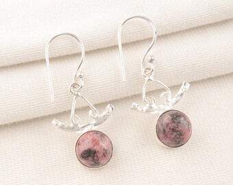 Boucles d'oreilles en rhodonite fabriquées à la main : bijoux ronds en argent sterling 925
