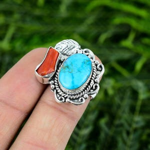 Red Coral & Turquoise Ring, 925 Sterling Silver Ring, Gemstone Ring, Handmade Jewelry Ring, Natural Turquoise Ring, Gift For Her