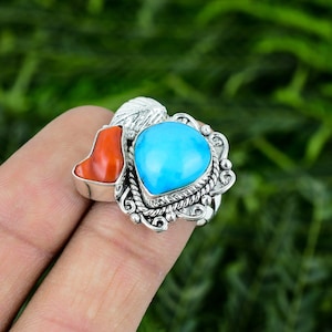 Red Coral Turquoise Ring, 925 Sterling Silver Ring, Gemstone Ring, Handmade Jewelry Ring, Sterling Silver Ring, Gift For Her, Statement Ring