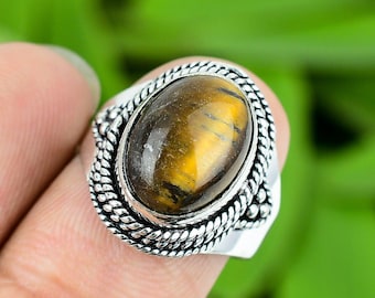 Dainty Tiger Eye Ring: 925 Sterling Silver Gemstone, Size 9
