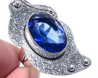 Anillo étnico hecho a mano de plata de ley 925 con zafiro azul, talla 7