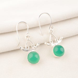 Genuine Green Onyx Droplet Drop Hook Earrings in 925 Sterling Silver, Natural Green Onyx Earrings, Round Shape Green Chalcedony Earrings