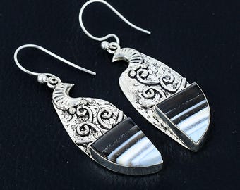 Blue Opal Sterling Silver Dangle Earrings, Handmade Gemstone Jewelry