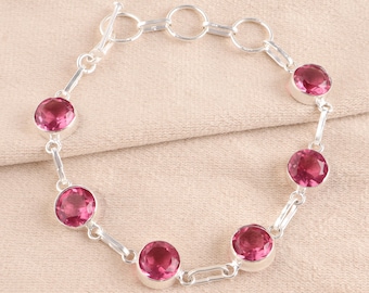 Rubellite Bracelet Pink Rubellite Gemstone Handmade 925 Sterling Silver Bracelet Rubellite Jewelry Bracelet For Gift Jewelry For Women