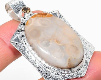 Handmade Fossil Coral 925 Sterling Silver Pendant Necklace