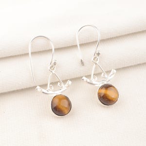 Tigers Eye Earrings, Dainty Teardrop 925 Sterling Silver Earrings, Brown Yellow Golden Gemstone, Tiger Eye Dangly Earrings