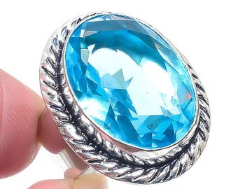 Blue Topaz Gemstone Handmade Ethnic 925 Sterling Silver Ring Size 7