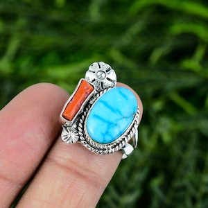 Red Coral Ring, Turquoise with Coral Gemstone Ring, 925 Sterling Silver Ring, Vintage South Western Ring, Dainty Boho Ring, Gifts For Him