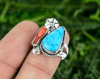 Anillo de turquesa tibetana y coral rojo: plata de ley 925 vintage, talla 7.5