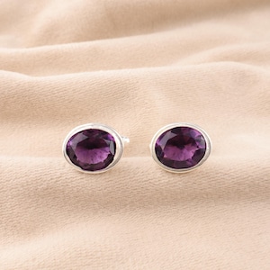 Amethyst Oval Cut Gemstone Silver Cufflinks, 925 Sterling Silver Cufflinks, Handcrafted Bezel Set Men&#39;s Cufflinks, Gift For Men