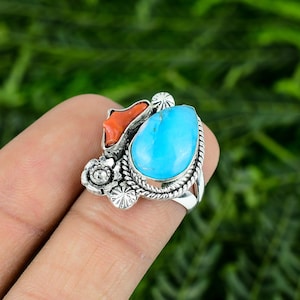 Arizona Turquoise Ring, Red Coral Ring, 925 Sterling Silver Ring, Handmade Design Ring, Statement Ring, Turquoise Jewelry, Red Coral Jewelry