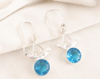 Handmade Vintage Swiss Blue Topaz 925 Sterling Silver Earrings