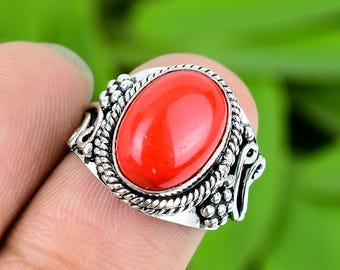 Natural Tringle Shape Red Coral 925 Sterling Silver Ring, Moonga