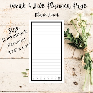 May include: A blank, lined planner page with a black border. The text "Work & Life Planner Page" and "Blank Lined" are at the top. The size is 3.75" x 6.75". The text "Size Rocketbook Personal" is also visible. TheSaltyUberMom.com is at the bottom.