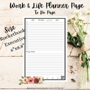 May include: A white Rocketbook Executive planner page with a to-do list layout. The page includes sections for daily notes and a QR code. The page measures 6" x 8.8" and is designed for work and life planning.
