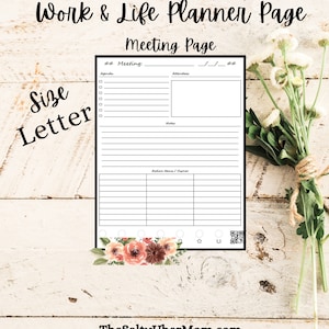 May include: A printable meeting planner page with sections for agenda, attendees, notes, and action items. The page is decorated with a floral border and a QR code.