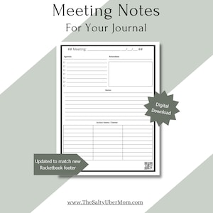 May include: A printable meeting notes template with sections for the meeting number, agenda, attendees, notes, and action items. The template is designed to be used in a journal.