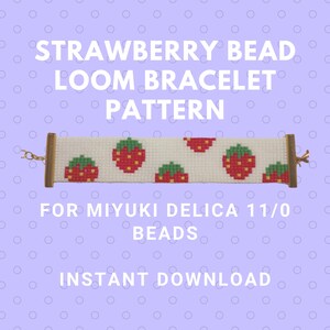 Peut inclure: Un motif numérique pour un bracelet à tisser avec des fraises. Le motif est à utiliser avec des perles Miyuki Delica 11/0. L'image comprend le texte "STRAWBERRY BEAD LOOM BRACELET PATTERN" et "FOR MIYUKI DELICA 11/0 BEADS" et "INSTANT DOWNLOAD".