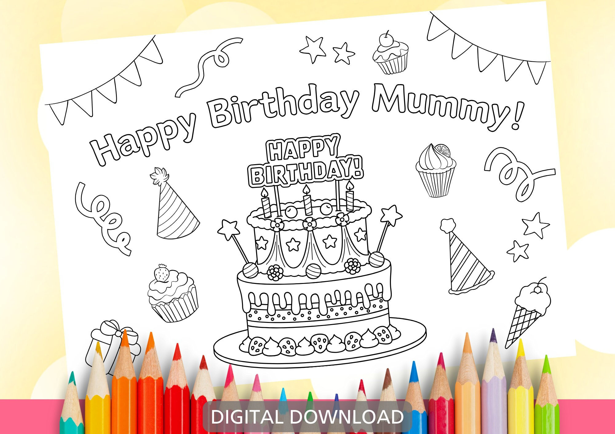 Printable Birthday Colouring Page. Happy Birthday Mummy! - Instant ...