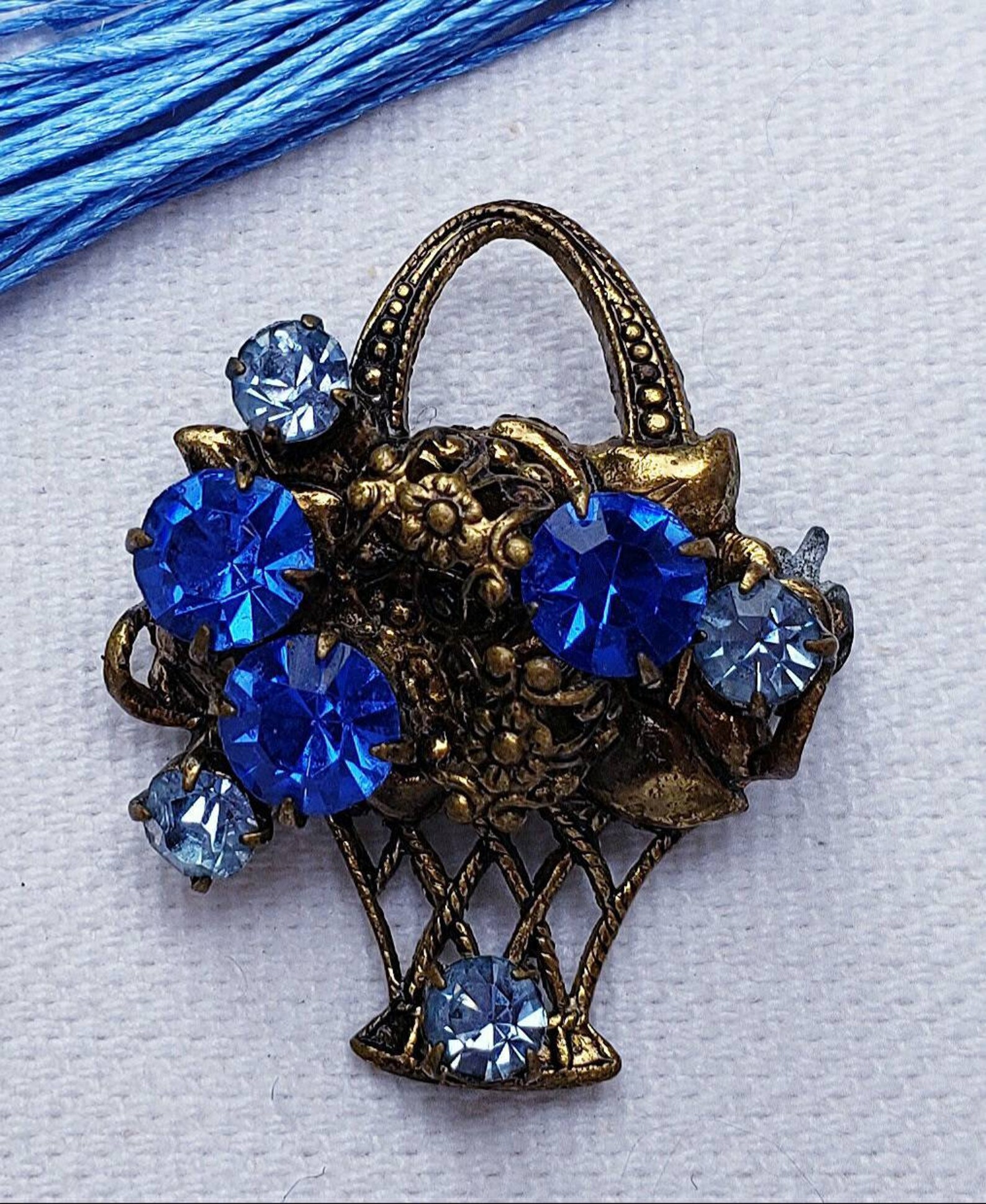 Vintage Flower Basket Brooch Gold With Blue Rhinestones Etsy