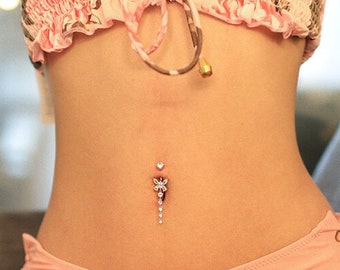 Navel Ring Body Jewelry. Belly Piercing Navel Piercing Cute & Dainty Gold Sparkling Dangling Triple Marquise Gems Belly Button Ring