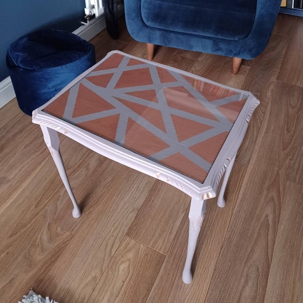 Upcycled lavender and rose gold side table/end table with glass top