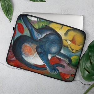 Two Cats, Blue and Yellow, Art Print Custom Made Laptop Sleeve, Birthday Gift, Franz Marc Art Print Neoprene Laptop Cover