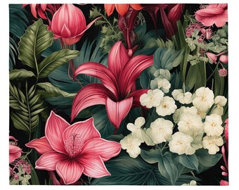 May include: A seamless pattern featuring vibrant pink and red tropical flowers with white flowers and lush green leaves on a black background.