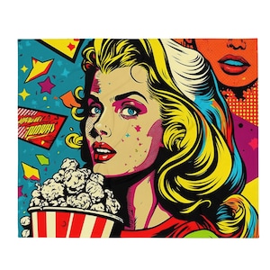 May include: A retro-style illustration of a woman with blonde hair and red lipstick holding a bucket of popcorn. The background is a colorful pop art design with stars, dots, and a speech bubble that says "Movie Tonight".