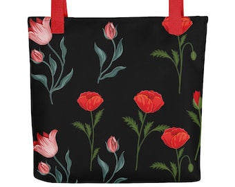 Floral Polyester Tote Bag, Spring Flowers, Black Shoulder Bag