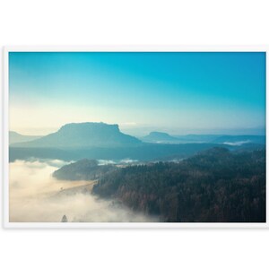 Foggy Mountain Art White Framed Poster, Sunrise Mountain Digital Print Wall Art, Mountain Sunrise Wall Framed Photo Print Art Decor