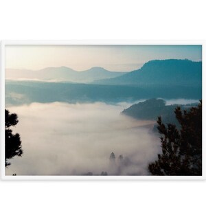 Foggy Mountain Art White Framed Poster, Sunrise Mountain Digital Print Wall Art, Mountain Sunrise Wall Framed Photo Print Art Decor