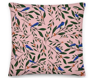 Cuscino decorativo con motivo di uccellini rosa: decorazioni per la casa ispirate alla natura.