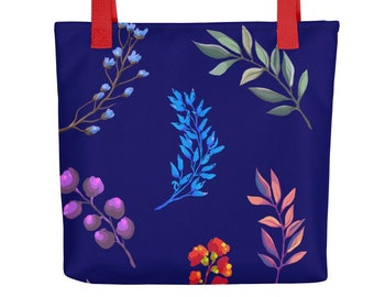 Floral Polyester Tote Bag, Botanical Print, Blue Shoulder Bag