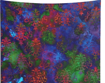 May include: A tapestry with a blue background and a repeating pattern of red, green, and purple floral designs.