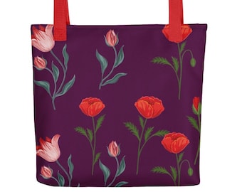 Floral Polyester Tote Bag, Dark Purple Spring Flowers