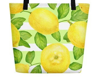 Große Einkaufstasche mit Zitronen-Print: Trendige Polyester Strandtasche