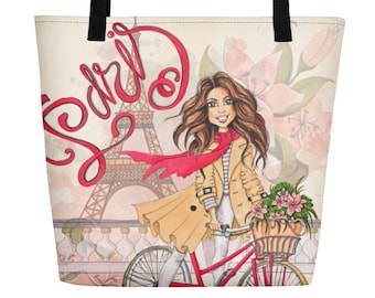Girl in Paris Tote Bag: Trendy Decorative Polyester Beach Bag