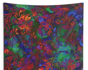 May include: A tapestry with a colorful floral pattern in shades of red, blue, green, and orange. The pattern is abstract and resembles a watercolor painting.