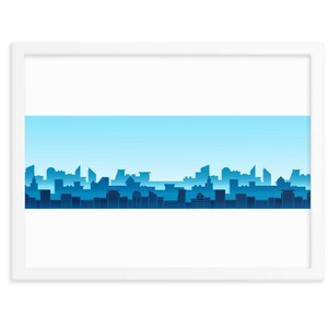 Blaue Stadt Skyline gerahmtes Plakat Wandkunst, Horizontale Stadtsilhouette Abstrakte Wandkunst gerahmtes Plakat, Urbane Einstellung gerahmtes Plakat Kunstdruck