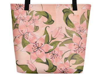 Huge Tote Bag Pink Flowers Print, Gift for Her, Birthday Gift, Trendy Decorative Shopping Bag, Polyester Beach Bag