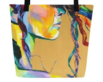 芸術的な女性の肖像画トートバッグ：カラフルなアートプリントのショッピングバッグ