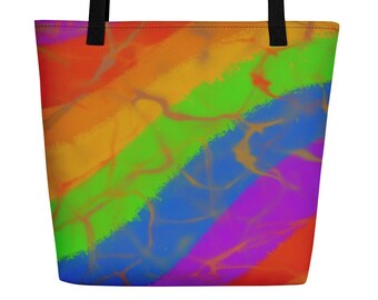 May include: A rainbow-colored tote bag with a black handle. The bag has a tie-dye pattern with streaks of orange, yellow, green, blue, purple, and red.