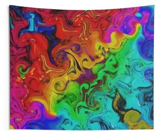 May include: Abstract tapestry with a swirling rainbow pattern. The colors are vibrant and blend together seamlessly, creating a psychedelic effect.