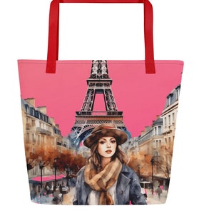 Woman in Paris Design Huge Tote Bag, Gift for Her, Paris Scene Spacious Shopping Bag