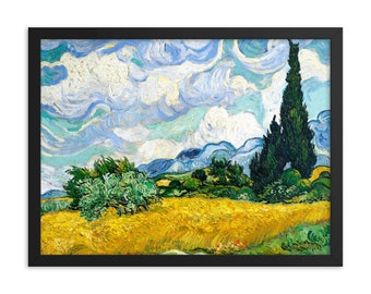 Stampa artistica incorniciata di un campo di grano con cipressi di Van Gogh