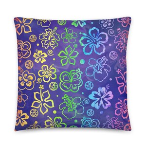 Kleurrijk bloemenkussen, housewarmingcadeau, blauw bloemrijk kussen, modern interieur
