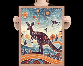GW値引きセール　アボリジニアート カンガルー絵画　タペストリー オーストラリア アボリジニ・アートのカンガルーの額入りポスター：ドリームタイムの壁