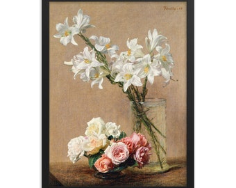 Florales gerahmtes Kunstposter: Henri Fantin-Latour Rosen und Lilien