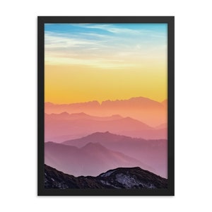 Buntes Landschaftskunst-Schwarzes gerahmtes Plakat, Sonnenaufgang-Berg-Digitaldruck-Wandkunst, Berg-Sonnenaufgang-Wand gerahmter Fotodruck-Kunstdekor